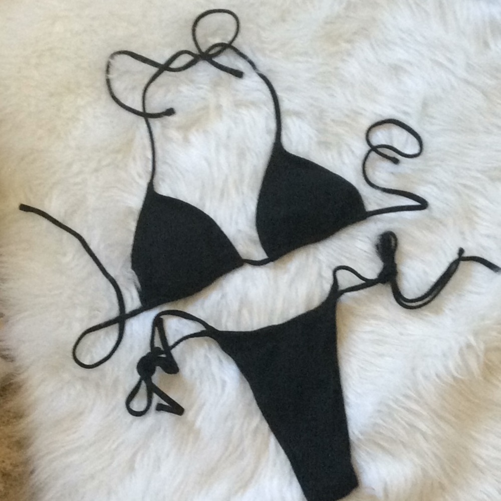 NWOT Teeny Black Bikini - Triangle Top & Bottoms with Tie Sides, Sz S